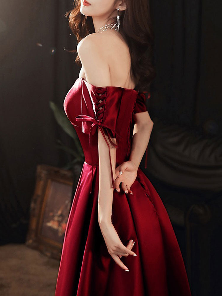 Maroon Wine Off-Shoulder Elegant Satin Gown – ShObO