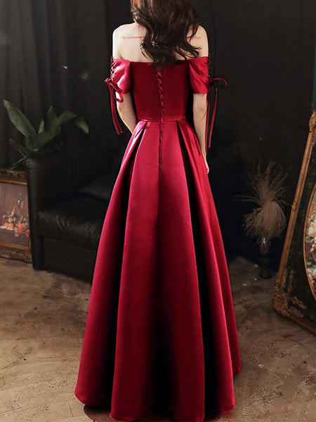 Maroon Wine Off-Shoulder Elegant Satin Gown