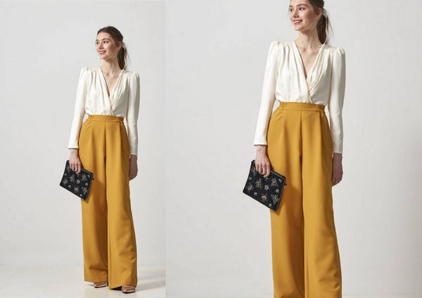 Off-White Drape Top With Mustard Pants Set