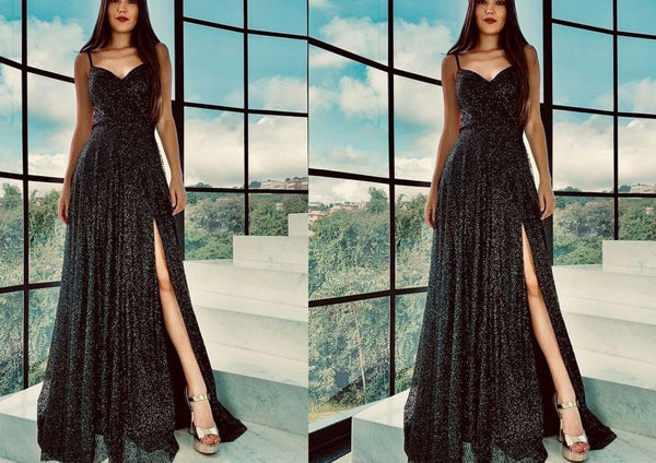 Black Sequin Spaghetti Strap Slit Dress