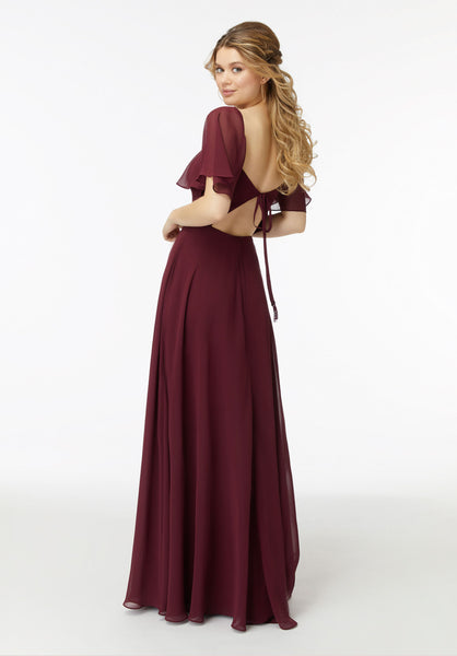 Wine Sweet-Heart Flutter Sleeves Tie Back Maxi