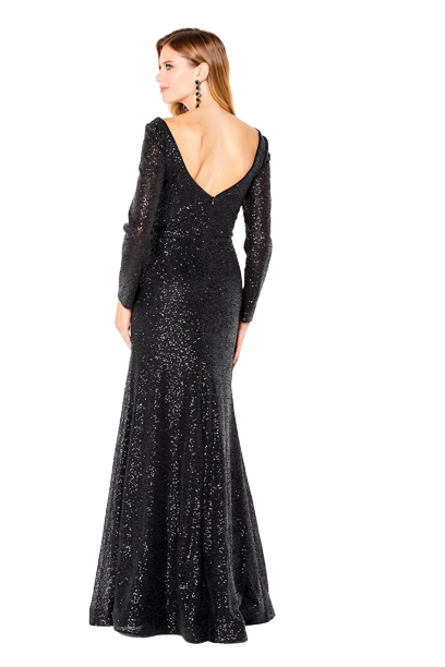 Black Sequins V Neck Ruched Full Sleeves Gown