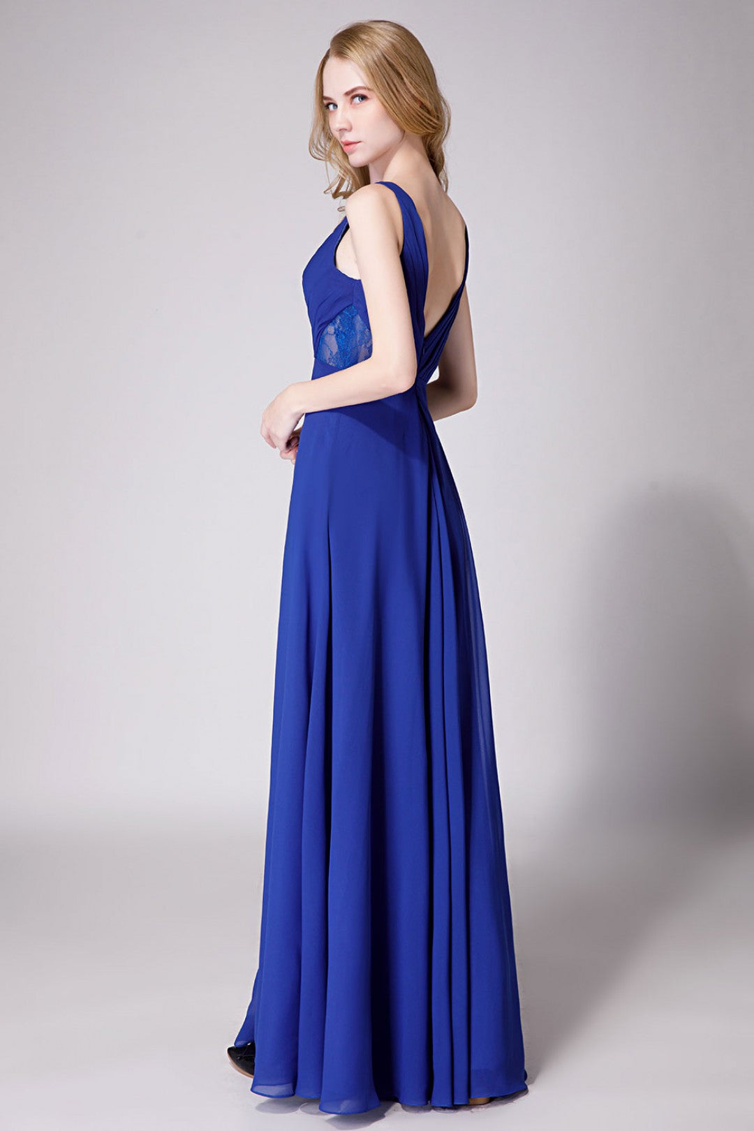 Royal Blue Elegant V-Back Bridesmaid Dress with Mesh Lace Inset