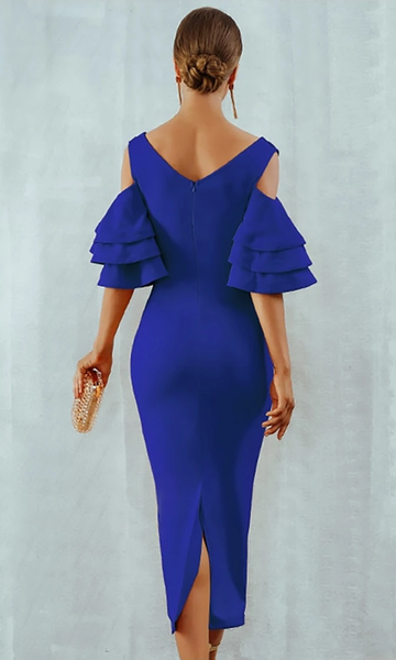 Electric Blue Cold Shoulder Ruffle Bodycon Dress