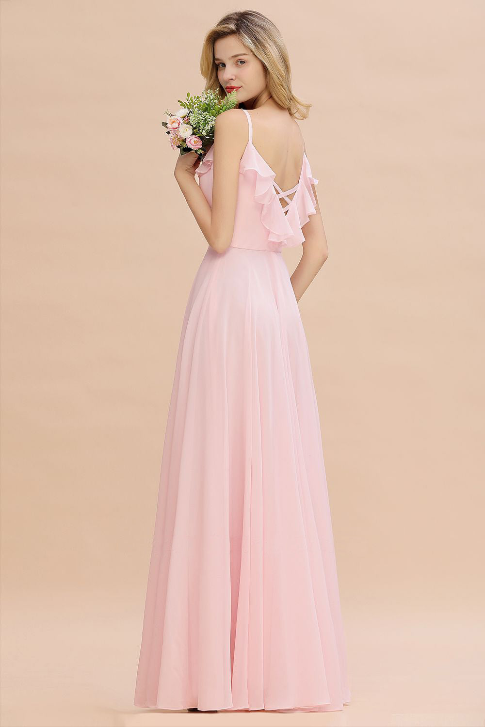 Baby Pink Spaghetti Strap Bridesmaid Maxi