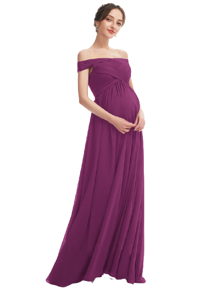 Burgundy Wine Off-Shoulder Ruched Maternity Gown