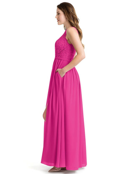 Hot Pink One Shoulder Lace Flared Maxi