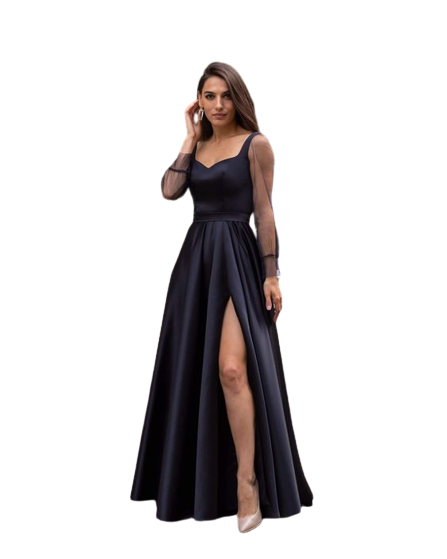 Bottle Green Sheer Sleeves Satin Slit Maxi