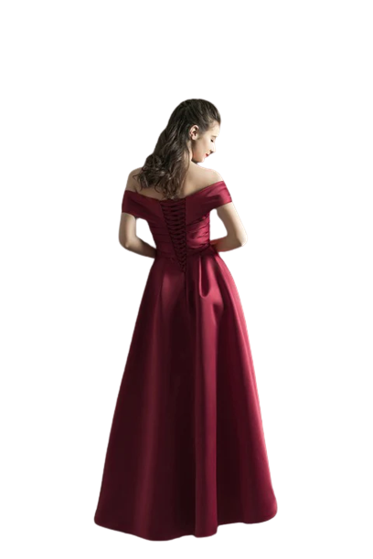 Wine Off-Shoulder Corset Back Satin Gown