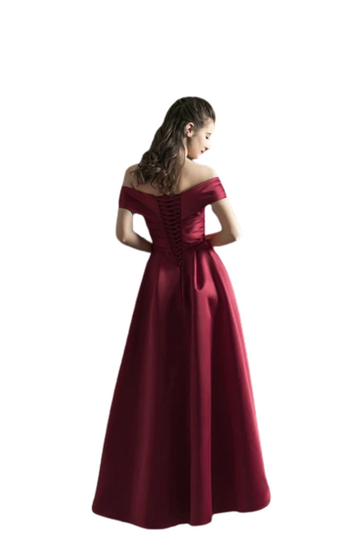 Wine Off-Shoulder Corset Back Satin Gown