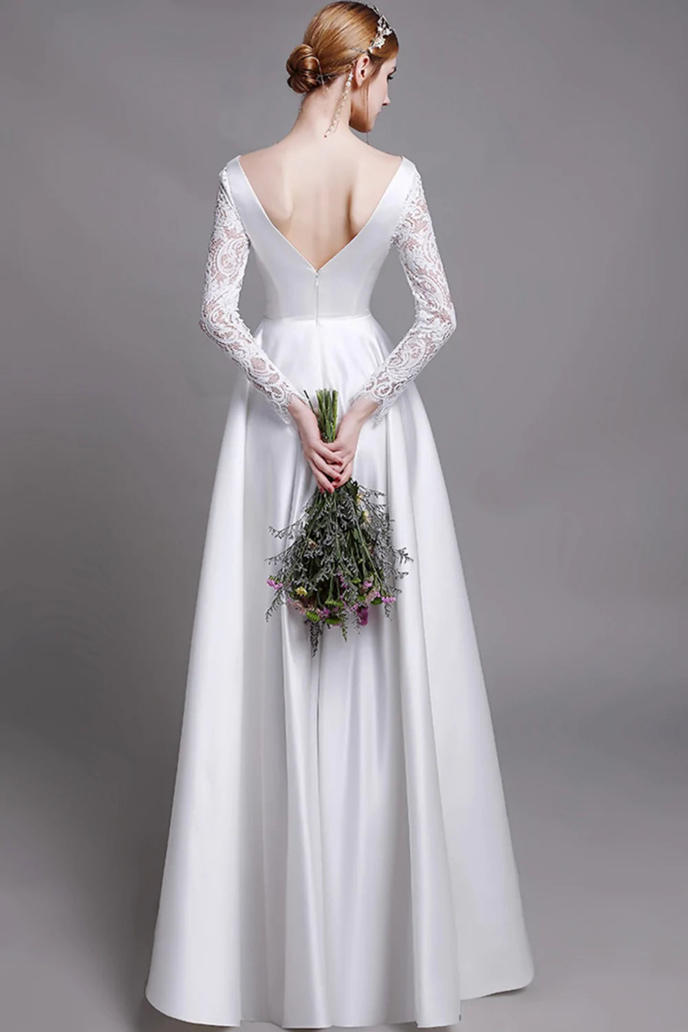White V Neck Satin Crochet Sleeves Maxi