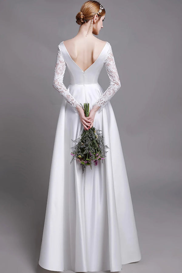 White V Neck Satin Crochet Sleeves Maxi
