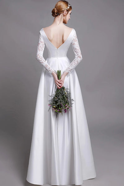 White V Neck Satin Crochet Sleeves Maxi