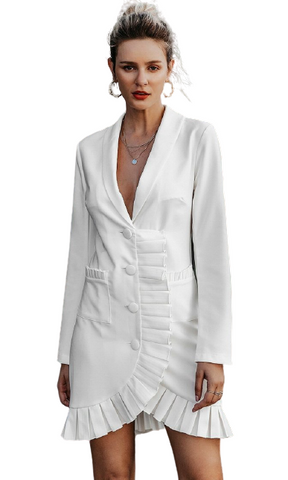 White V Neck Ruffle Blazer Dress