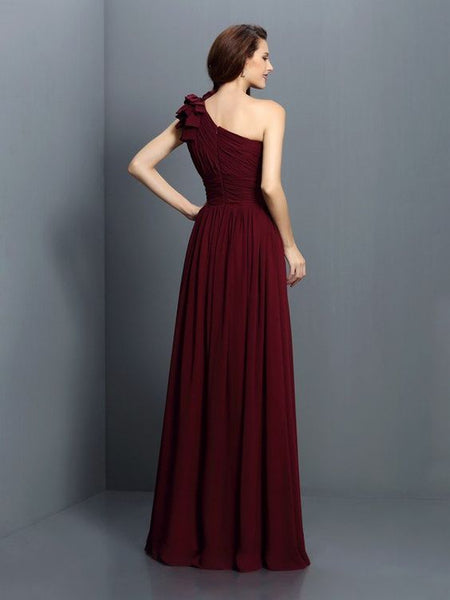 Wine One Shoulder Flower Motif Ruched Maxi