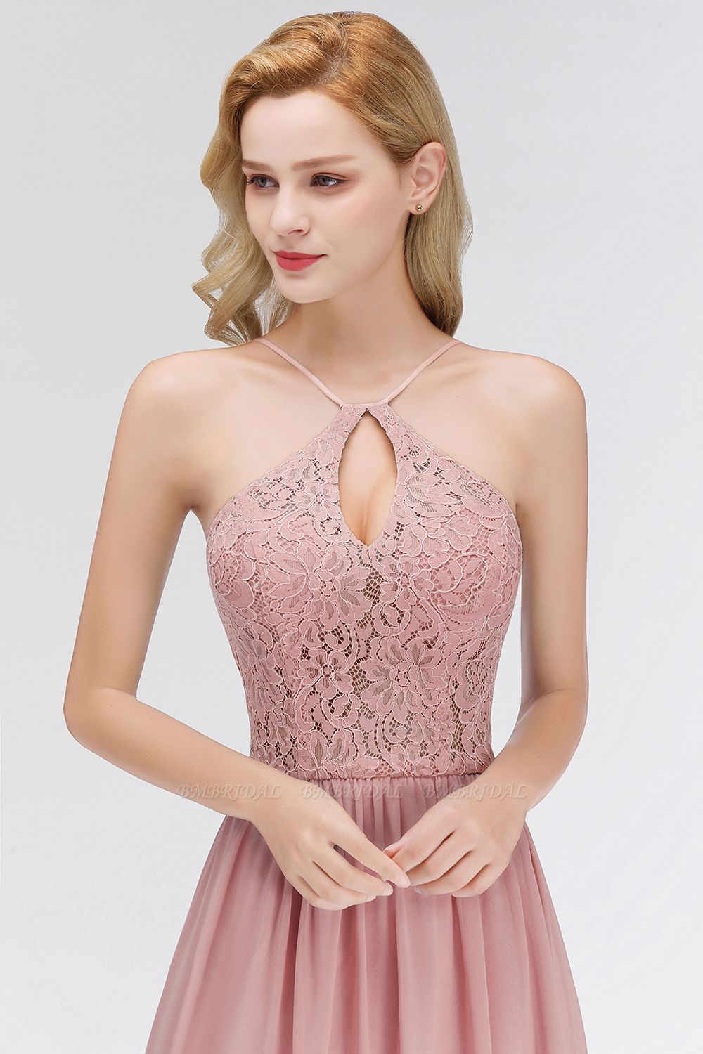 Elegant Lace Keyhole Halter Dusty Rose Bridesmaid Dress