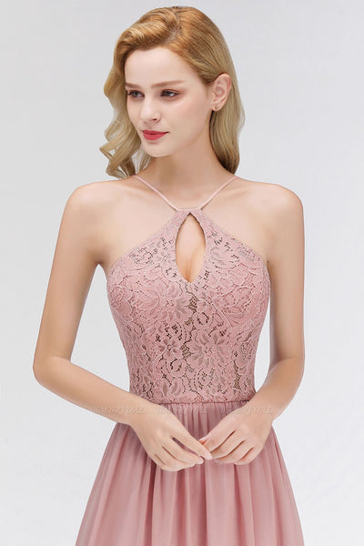Elegant Lace Keyhole Halter Dusty Rose Bridesmaid Dress