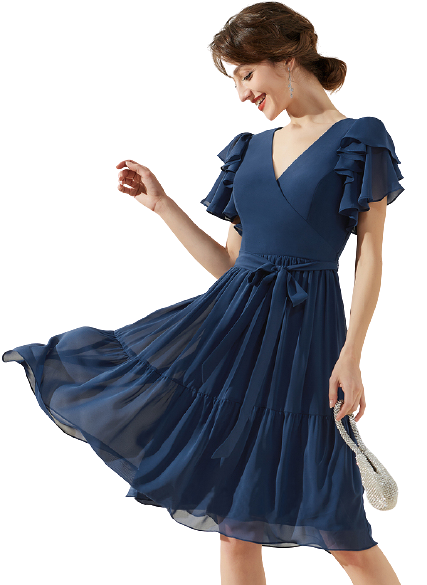 Navy Blue Flutter Sleeves Tiered Midi