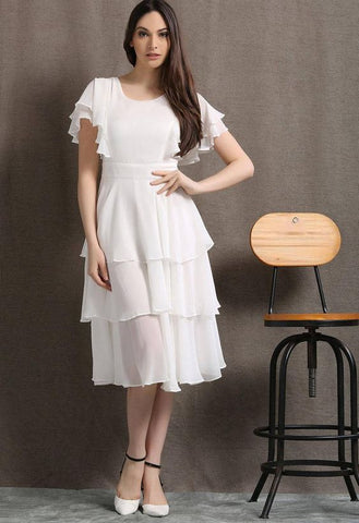 White Layered Frill Flouncing Sleeves Midi