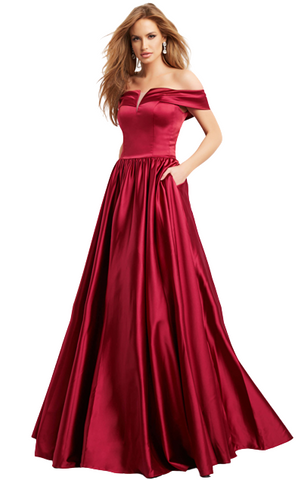 Maroon-Wine Off-Shoulder Satin Ball Gown