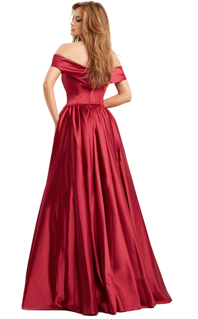 Maroon-Wine Off-Shoulder Satin Ball Gown