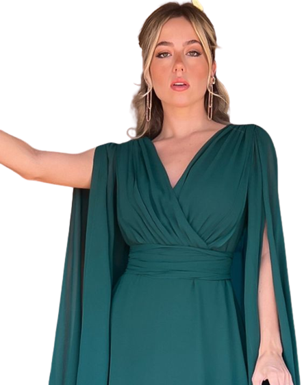 Bottle Green V Neck Cape Sleeves Maxi