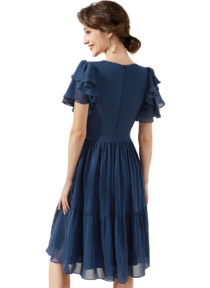 Navy Blue Flutter Sleeves Tiered Midi