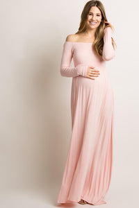 Pink Blush Pink Solid Off Shoulder Maternity Maxi Dress