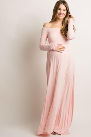 Pink Blush Pink Solid Off Shoulder Maternity Maxi Dress