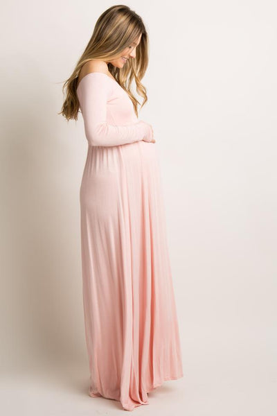 Pink Blush Pink Solid Off Shoulder Maternity Maxi Dress