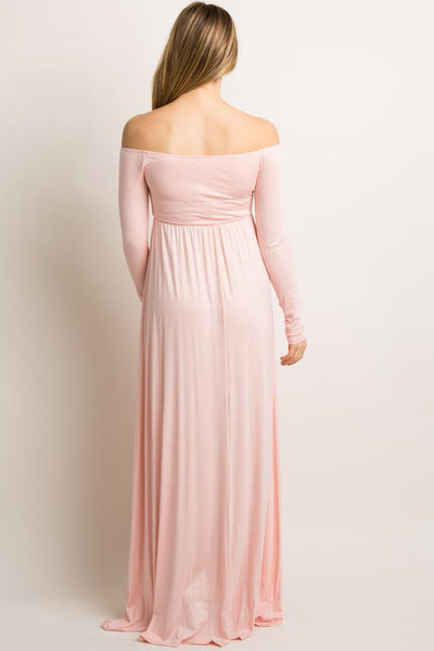 Pink Blush Pink Solid Off Shoulder Maternity Maxi Dress