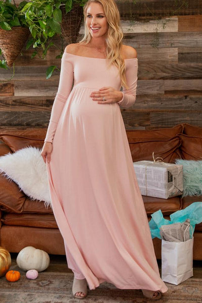 Pink Blush Pink Solid Off Shoulder Maternity Maxi Dress