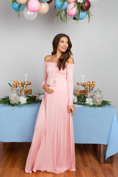 Pink Blush Pink Solid Off Shoulder Maternity Maxi Dress