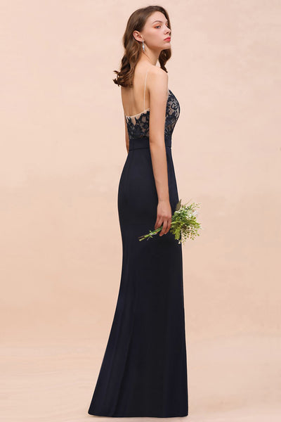Navy Mermaid Lace Bridesmaid Dress with Spaghetti Straps