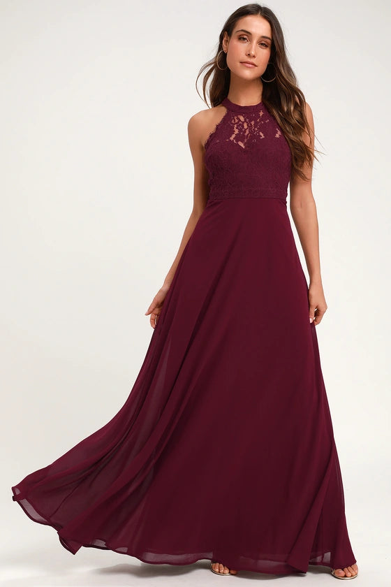 Maroon Wine Halter Neck Lace Flared Maxi