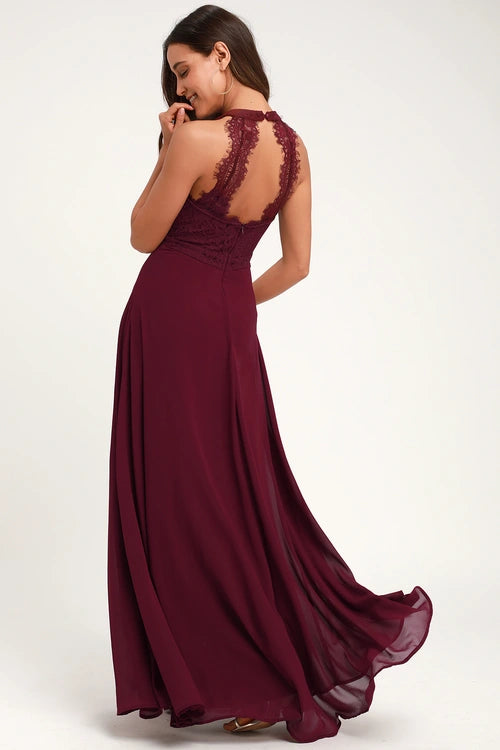 Maroon Wine Halter Neck Lace Flared Maxi
