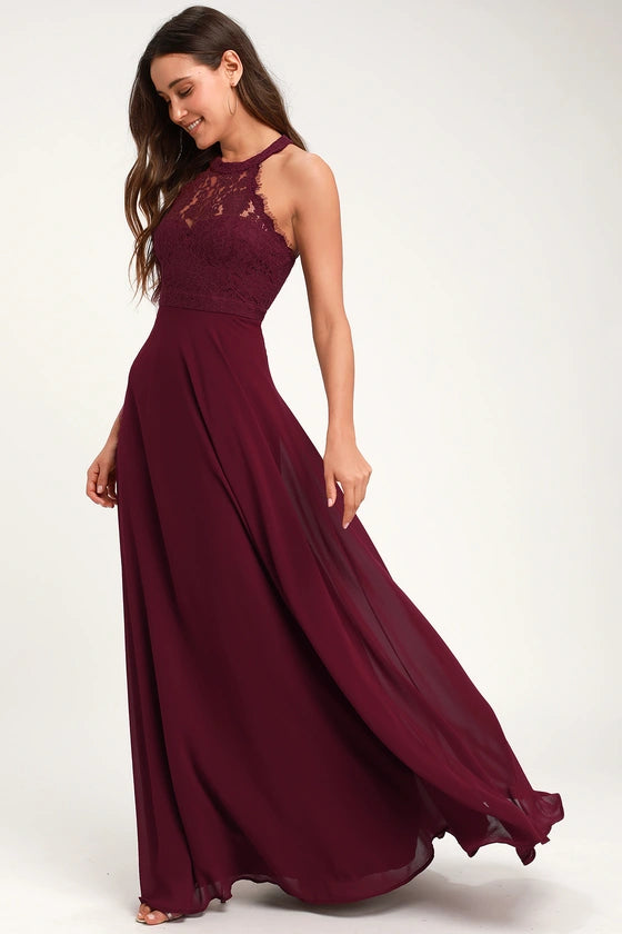 Maroon Wine Halter Neck Lace Flared Maxi