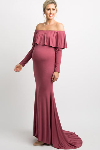 Dark Mauve Off Shoulder Ruffle Maternity Photoshoot Gown