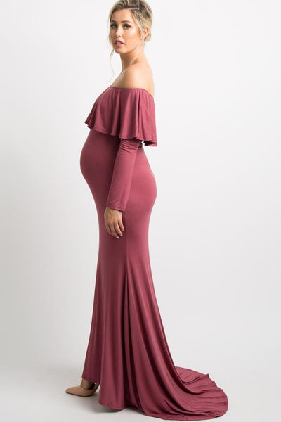 Dark Mauve Off Shoulder Ruffle Maternity Photoshoot Gown