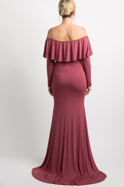 Dark Mauve Off Shoulder Ruffle Maternity Photoshoot Gown