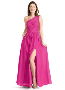 Hot Pink One Shoulder Lace Flared Maxi