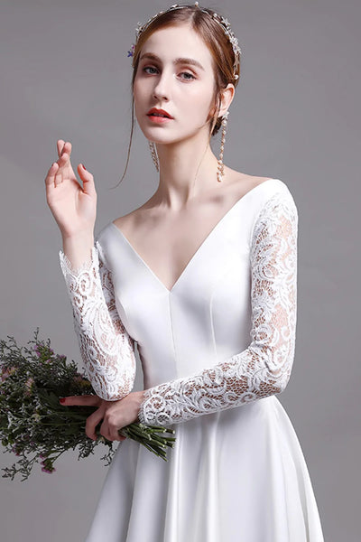 White V Neck Satin Crochet Sleeves Maxi