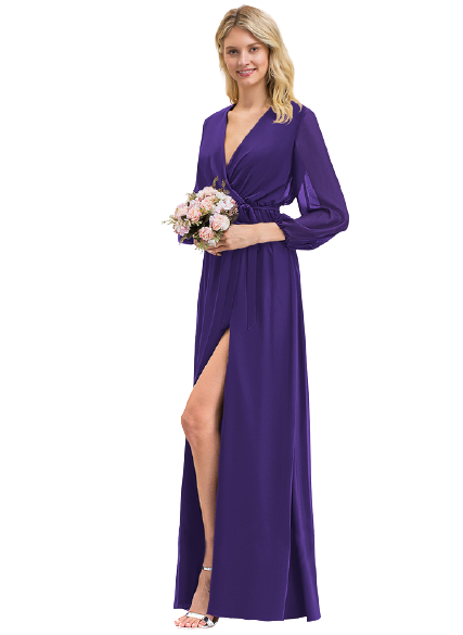 Purple V Neck Balloon Sleeves Tie Waist Maxi