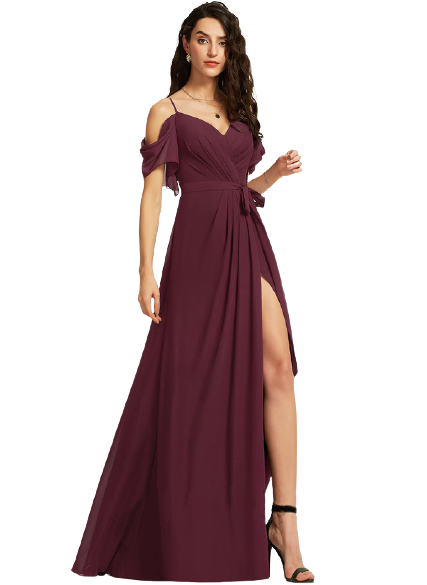 Wine Sweet-Heart Neck Cold Shoulder Ruched Maxi