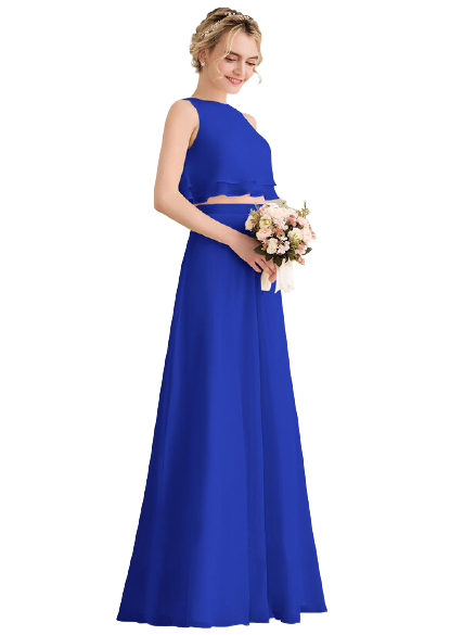 Royal Blue Overlay Frill Top With Skirt Set