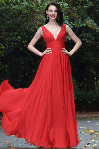 Red Plunge V Neck Square Backless Flared Maxi