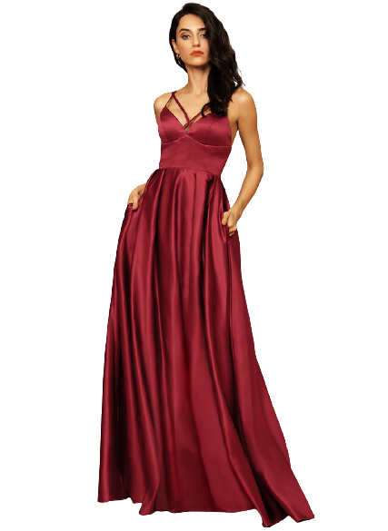 Maroon V Neck Spaghetti Strap Backless Satin Gown