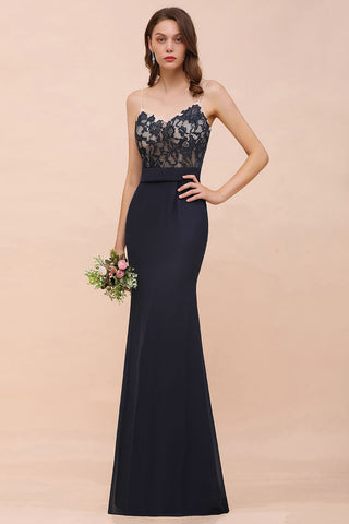 Navy Mermaid Lace Bridesmaid Dress with Spaghetti Straps