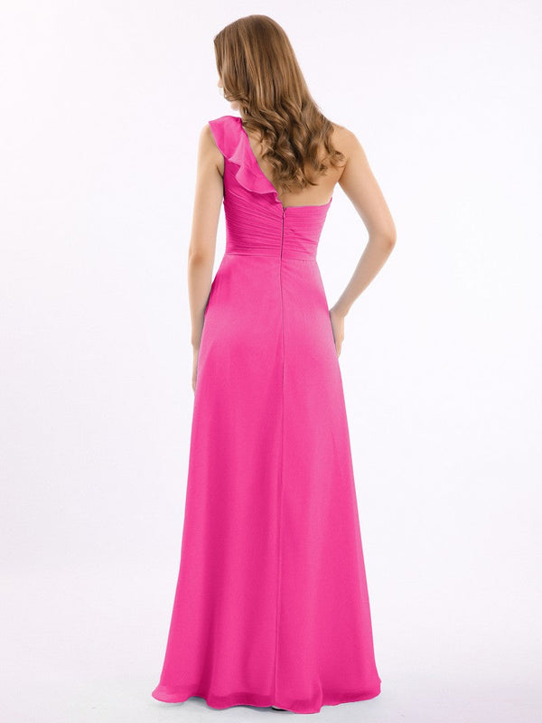Hot Pink One Shoulder Ruffle Frill Hi-Low Maxi