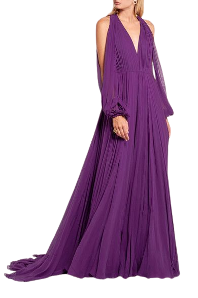 Plume-Wine V Neck Plunge Back Cut-Out Flared Maxi